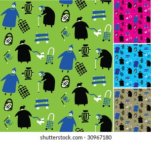Grandma pattern. Grandmothers and objects pattern. Seamless funny bright pattern. Color illustration. 4 different colors variations.