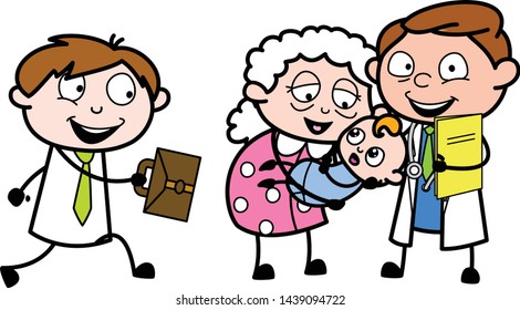 Grandma Playing with Newborn Baby - Professional Cartoon Doctor Vector Illustration