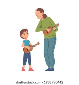 Grandma Playing Ukulele With Her Grandson, Grandparent Spending Good Time With Grandchild Cartoon Style Vector Illustration