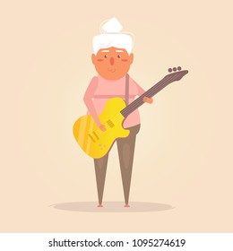 Grandma plays guitar Vector. Cartoon. Isolated art on white background. Flat