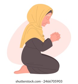 Grandma praying on knees in headscarf with closed eyes, reciting prayer, hand-drawn vector, flat style, white background