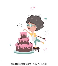 Grandma prepares a delicious cake. llustration in cartoon style. Quarantine activities.Things to do at home. Vector illustration.
