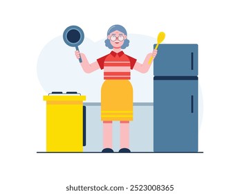 La abuela está preparando utensilios para cocinar en la cocina, haciendo comida. Diseño de personajes. Ilustración plana de Vector