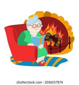 Grandma is reading a book. An elderly woman sits in an armchair and reads a book near the fireplace. Vector illustration on white background in cartoon style. Hand drawing. For printing postcards