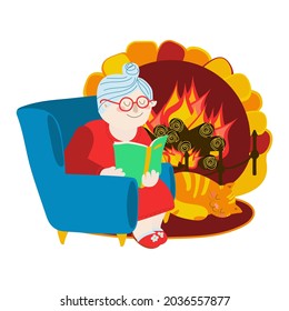 Grandma is reading a book. An elderly woman sits in an armchair and reads a book near the fireplace. Vector illustration on white background in cartoon style. Hand drawing. For printing postcards