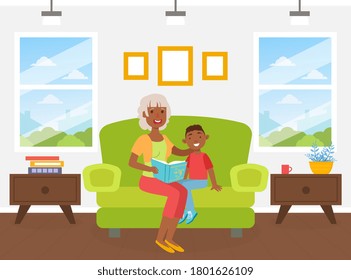 Grandma Reading Book to her Grandson Sitting on Sofa, Elderly Woman Spending Time at Home with her Grandchild, Boy Stayed with his Grandma for Weekend Cartoon Vector Illustration