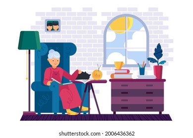 Grandma reading interesting book at home vector. Grandmother stroking domestic animal cat pet and read literature story. Character resting time in library armchair flat cartoon illustration