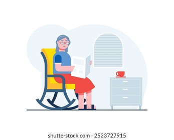 Grandma is reading the newspaper in a rocking chair, enjoying old age leisurely.  Character design. Vector flat illustration