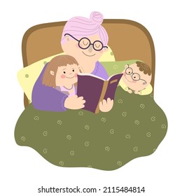 Grandma reads books to her grandchildren.  An elderly woman is lying in bed and reading a book. Near the grandmother lie children. Vector illustration on white background in cartoon style. For print.