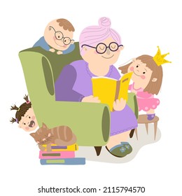 Grandma reads books to her grandchildren.  An elderly woman sits in an armchair and reads a book. The grandchildren are standing near the grandmother. Vector illustration on white background.