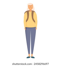 Grandma ready for hiking with backpack icon cartoon vector. Senior woman. Tourist activity