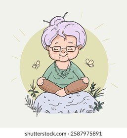 Vovó relaxa, pensionista, mulher idosa meditando, desenho animado vetor ilustração, desenhado à mão, esboço