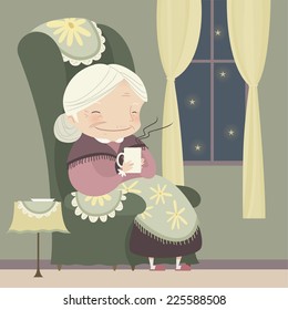 grandma relaxing at winter snowy night with a cup of tea, also, star shape vector illustration cartoon. 