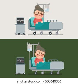 grandma resting at hospital bed with intravenous saline solution