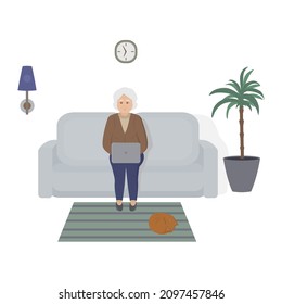 La abuela en la habitación del sofá usa un portátil. Ilustración del vector 