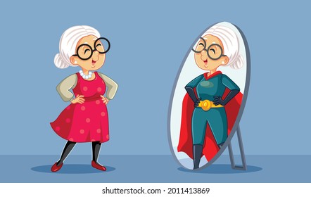 Grandma Seeing a Super Powerful Woman in the Mirror Reflection. Strong elderly woman feeling confident and strong seeing herself in the mirror
