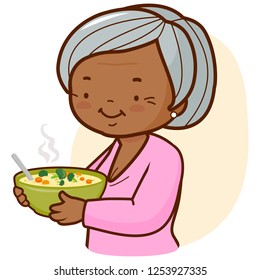 Grandma serving a bowl of hot vegetable soup. Vector illustration