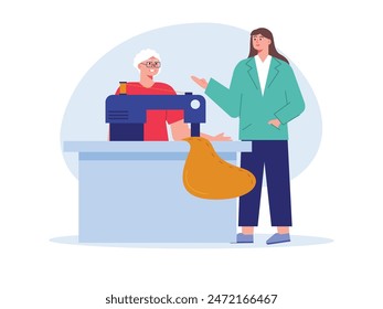 Grandma is sewing and talking with women, old people's activities. Character design. Vector flat illustration
