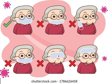Grandma shows correct way to wear the mask for corona virus protection (with outlines)