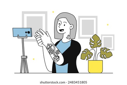 Grandma shows tattoo. Elderly woman shows hand with tattoo to camera. Inks drawing at skin. Trendy and fashionable pensioner. Linear flat vector illustration isolated on white background