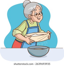 Grandma sifting flour. Sieve in a cup. Baking ingredients. Kitchenware. Baking dough.