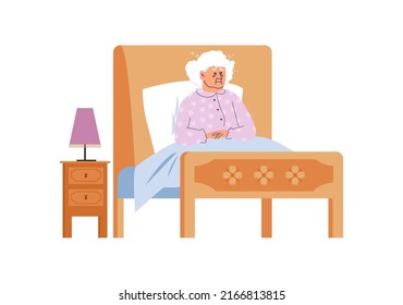 Grandma sits in bed and can't sleep flat style, vector illustration isolated on white background. Tired exhausted elderly woman sleeplessness. Insomnia concept