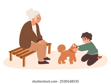 Grandma sits and watches her grandson play with a puppy.