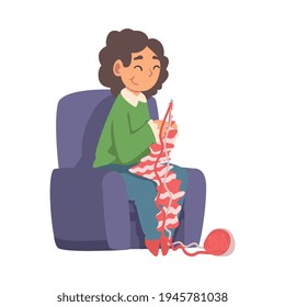 Grandma Sitting in Armchair with Needles and Knitting Vector Illustration