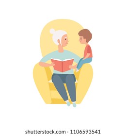 Grandma sitting in the armchair and reading book to her little grandson, grandmother spending time playing with grandson vector Illustration on a white background
