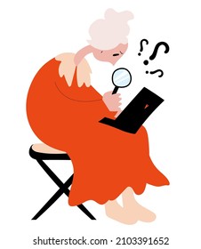 Grandma is sitting at a laptop and does not understand how to use it. Learning at an older age. Flat vector illustration in hand drawn style