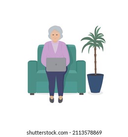 La abuela está sentada con un portátil en un sillón en casa. Ilustración del vector 