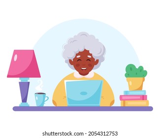 Grandma Sitting With Laptop. Old Black Woman Using Computer. Modern Technology And Old People. Vector Illustration