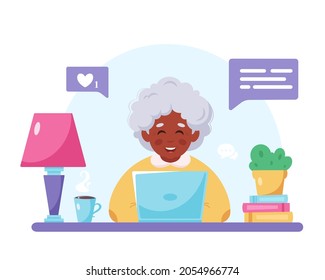 Grandma Sitting With Laptop. Old Black Woman Using Computer. Modern Technology And Old People. Vector Illustration