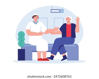 Grandma sitting in the nursing home talking with the nurse. Caregiving and service. Character design. Vector flat illustration