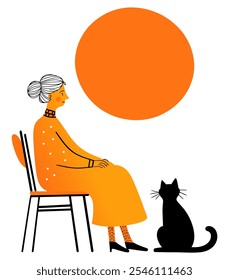 Grandma Sitting on a Chair with a Black Cat by Her Side, Heartwarming Representation of Companionship in a Minimalist Style - Flat Vector Illustration