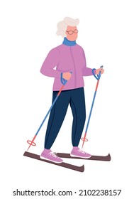 Grandma skiing semi flat color vector character. Elderly figure. Full body person on white. Winter activity isolated modern cartoon style illustration for graphic design and animation