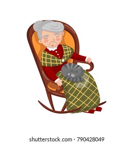 Grandma sleeping in cozy chair with cat on her knees cartoon vector Illustration