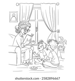 Grandma and son sketch, Grandma telling a story to a kid in home, a sketch of small boy with grandmother having fun at home.