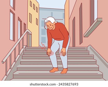 Grandma suffering pain. Elderly woman with bad knee, joint damage on steps, problems with ligaments and bones, leg injury, medical symptom, cartoon flat style isolated vector concept