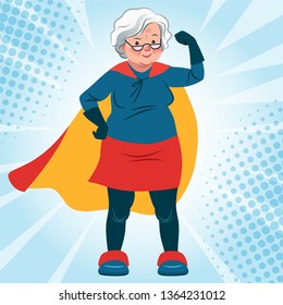 Grandma in superhero costume standing with arm flexed vector cartoon illustration. Smiling friendly confident Caucasian senior woman wearing cape. Lifestyle, active old age, health theme.