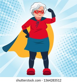 Grandma in superhero costume standing with arm flexed vector cartoon illustration. Smiling friendly confident Caucasian senior woman wearing cape and mask. Lifestyle, active old age, health theme.