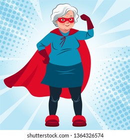 Grandma in superhero costume standing with arm flexed vector cartoon illustration. Smiling friendly confident Caucasian senior woman wearing red cape and mask. Lifestyle, active old age, health theme.