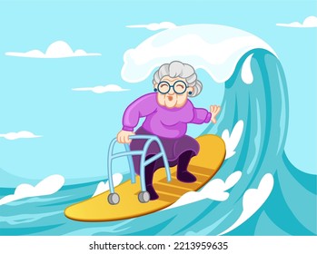 Grandma Surfing, funny illustration vector design. Grandma doing extreme sport using walker. 