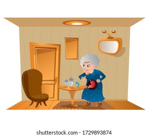 Grandma takes a pills. Old woman eating pill for health, stand inside room, beside of table with bottles of pills and held pill in hand. Flat style modern vector illustration