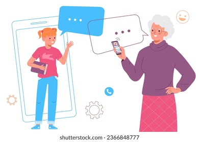 Grandma talks to her granddaughter over the Internet. An elderly woman uses  smartphone to communicate. Online communication