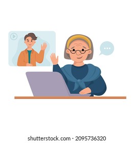 Grandma talks to her grandson over the Internet. An elderly woman uses a laptop to communicate. Vector illustration in cartoon style on a white background.