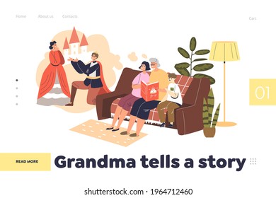Grandma tell story concept of landing page with grandmother reading book to small boy and girl. Granny spend time with grandchildren. Cartoon flat vector illustration