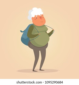 Grandma Traveler With Backpack Vector. Cartoon. Isolated Art