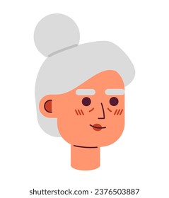 Grandma with updo hairstyle 2D vector avatar illustration. Senior citizen woman cartoon character face. Elderly female portrait. Middle-aged person flat color user profile image isolated on white