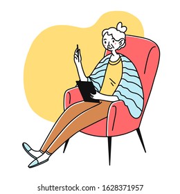 Grandma using tablet. Senior lady reading book on gadget screen flat vector illustration. Digital technology, communication concept for banner, website design or landing web page